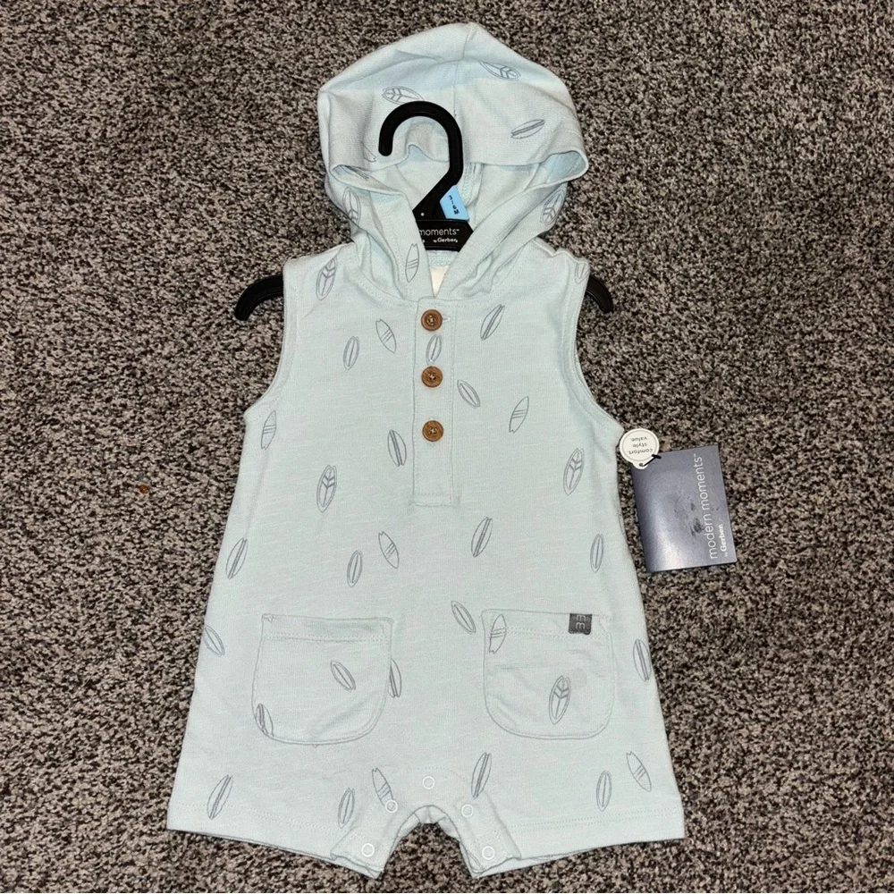 NEW! NWT Baby Boy Modern Moments Mint Green Hooded Romper Surfing Design 0-3 3-6